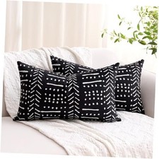 Decorative Throw Pillow Covers White Boho Lumbar 20" x 12" Pack of 2 Black