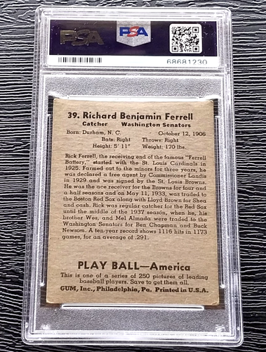 1939 PLAY BALL RICK FERRELL BASEBALL CARD #39 *NO CREASES* *CENTERED* PSA 3 VG - Picture 4 of 5