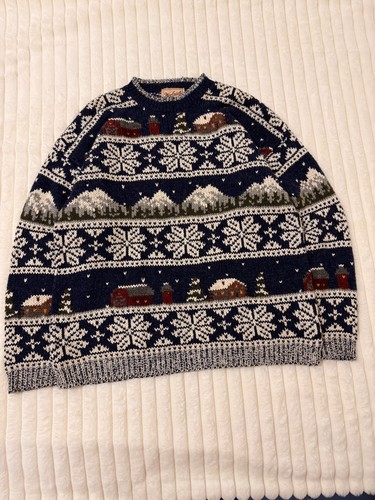 Woolrich Fair Isle Wool Blend Sweater Men’s Large Navy Snowflake Winter Cabin