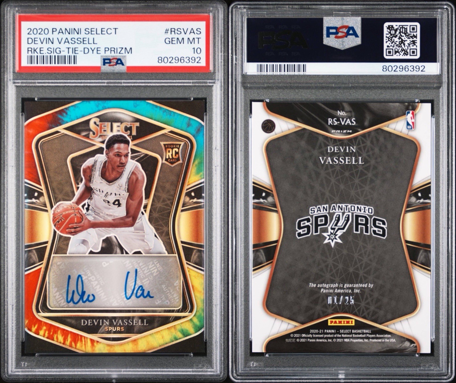 Devin Vassell 2020-21 Select Rookie Signature Auto Tie-Dye /25 Spurs RC PSA 10 view 3
