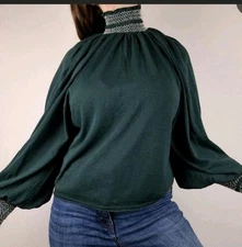 ZARA longsleeve blouse green embroidery design high neck knit women's top  small