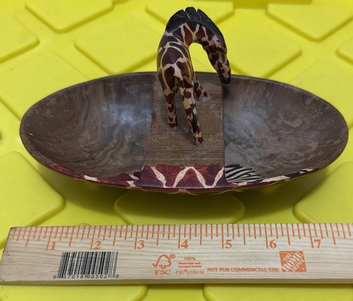 Vintage Hand Carved Wooden Giraffe Bowl Trinket Dish African 8”