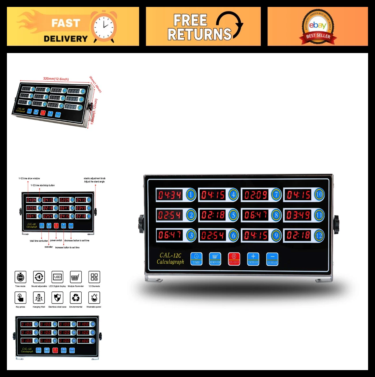 12-Channel Kitchen Timer for Cooking, Commercial Grade, Stainless Steel, LED Dis