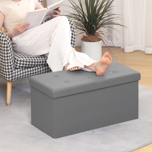 HOMCOM Storage Ottoman Bench, 89L PU Leather Folding Foot Rest, Grey - Picture 5 of 11