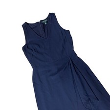 Navy Blue Sleeveless Dress Size 6 Lauren Ralph Lauren Womens Mid Length Ruffle
