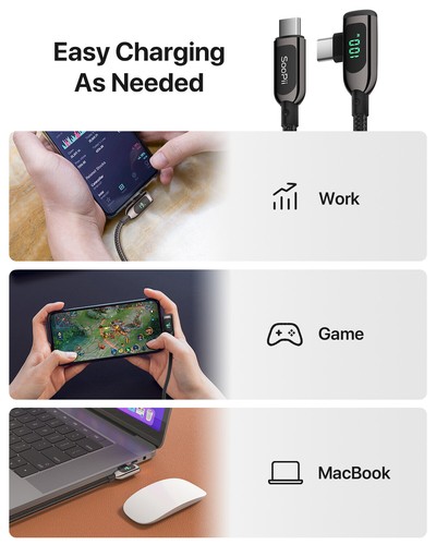 SOOPII 100W Zinc Alloy Braided Right Angle USB C to USB C Cable with LED Display - Photo 22 sur 55