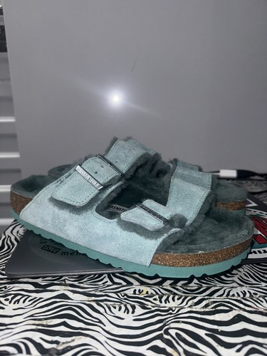 38 EU Damen 7 Herren 5 Birkenstock Arizona Lammfell Fell Sandalen Teal Green