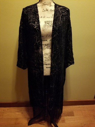 NWT Anne Klein Anne Black Womens Velvet Burnout Caftan Paisley Fringe Silk 2X/3X - Picture 4 of 12