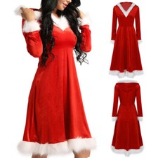 Women's Mrs Santa Claus Long Sleeve Velvet Xmas Costume Christmas Fancy Dress
