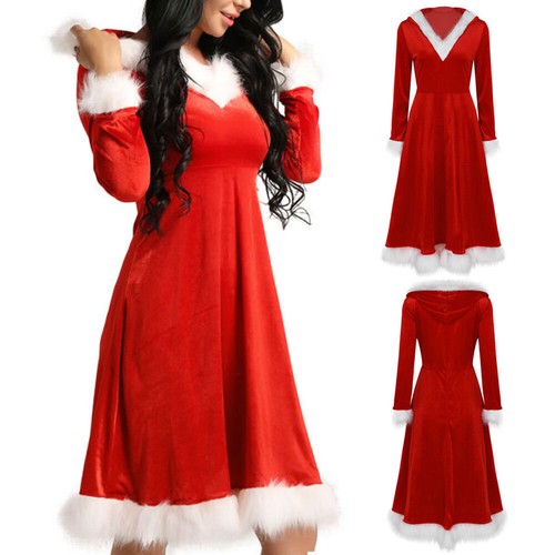 Women's Mrs. Santa Claus Long Sleeve Hooded Dress Costume Christmas Fancy Dress - Picture 2 of 30