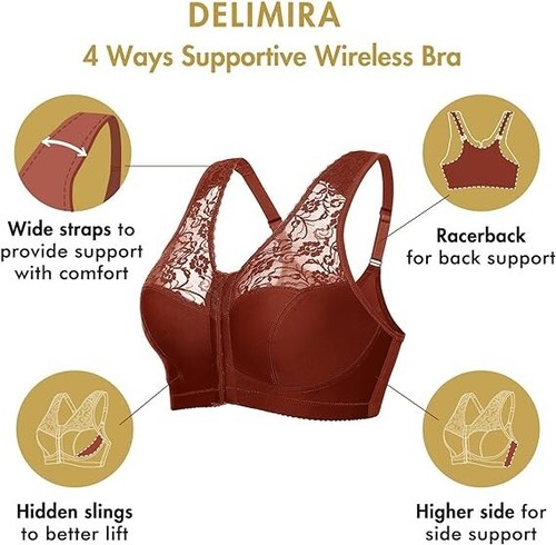 DELIMIRA Women Front Closure Bra Full Coverage Wirefree Lace Racerback 48DD NWT - Picture 13 of 13
