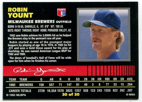 1993 MSA Post Cereal #30 Robin Yount Milwaukee Brewers - 3000 Career Hits - Picture 2 of 2