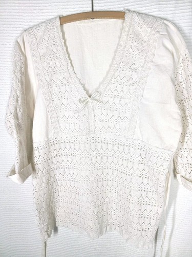 Vtg 70s Empire Peasant Top Sheer Faux Crochet Midriff & Sleeves Cotton Lined L - Picture 6 of 10