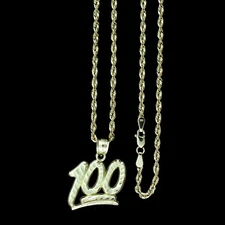 Mens 10K Yellow Gold 100 Emoji Charm Pendant With 2.5mm Rope Chain Necklace
