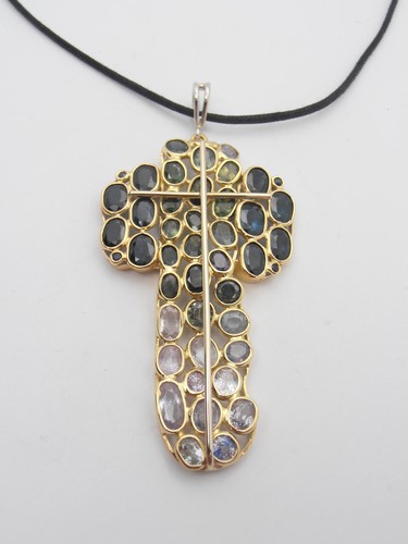 Croce in Oro Giallo e Bianco 18 Kt (750) con Zaffiri Ceylon naturali - Ciondolo - Picture 6 of 9