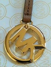 Michael Kors MK Logo Gold Charm Luggage Brown Saffiano Leather Strap Handbag Fob