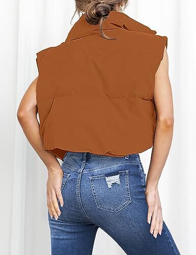 Women's Crop Puffer Vest Lightweight Stand Collar Sleeveless Zip Large Brown - Picture 6 of 7