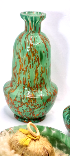 MURANO PERFUME BOTTLE VANITY SET ART DECO GLASS POWDER PUFF & POT BOUDOIR - Imagen 8 de 14