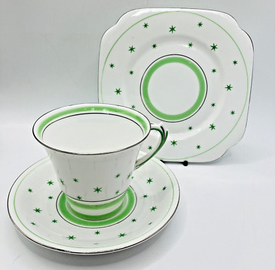 1930 s Art Deco Roslyn China Green Star Stella Trio Cup, Saucer & Side Plate VGC