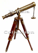 Nautical Antique Brass Telescope With Wooden Tripod Stand Collectible Desk Decor