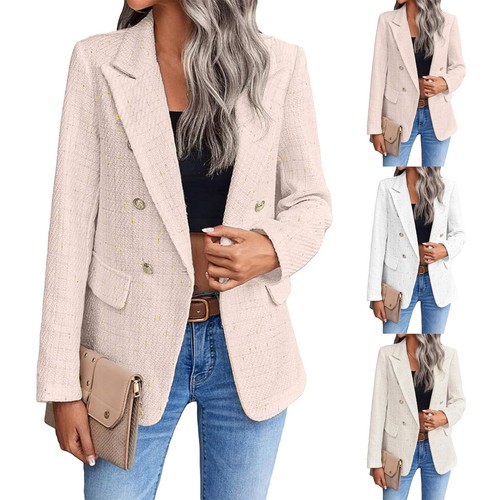 Women Fashion Tweed Double Breasted Blazer Coat Vintage Long Sleeve Flap Pocket - Picture 4 of 36