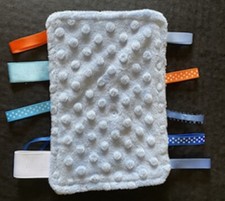 BLUE MINKY DOT POCKET TAGS SECURITY BLANKET LOVEY HAND MADE 5  X 7  D2
