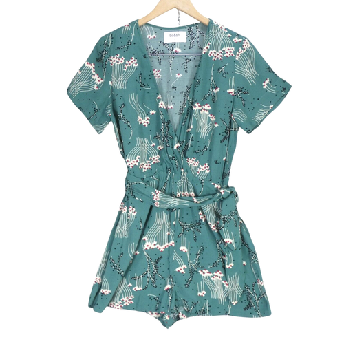 ba&sh Khan Floral Playsuit Summer Romper Green Bohemian Short Sleeved Size UK8 - Picture 1 of 10