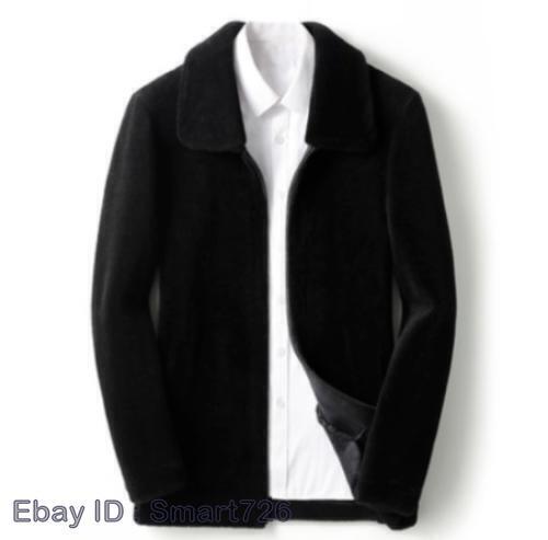 Men Lamb Wool Fur Coat Lapel Shearling Zipper Suede Leather Jacket Formal - Picture 5 of 14
