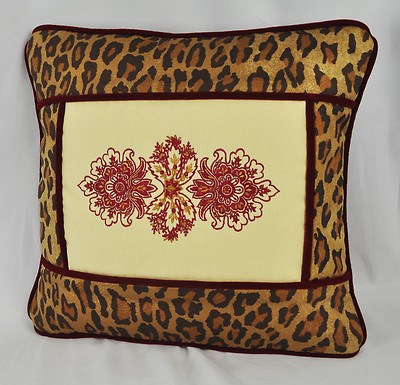 Embroidered Floral Pillow made w Cream Tapestry Venetian Leopard velvet  cord