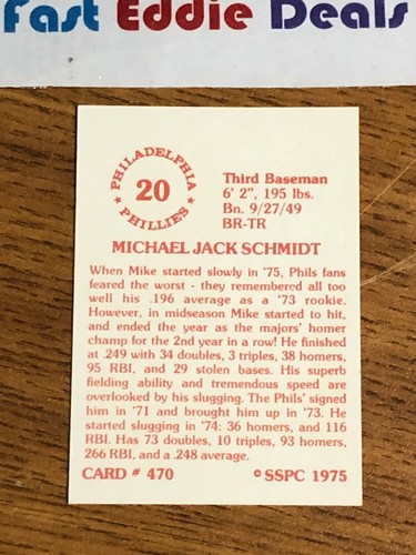 SSPC 1975 MLB BASEBALL MIKE SCHMIDT CARD 470 PHILADELPHIA PHILLIES EXCELLENT - Picture 2 of 2