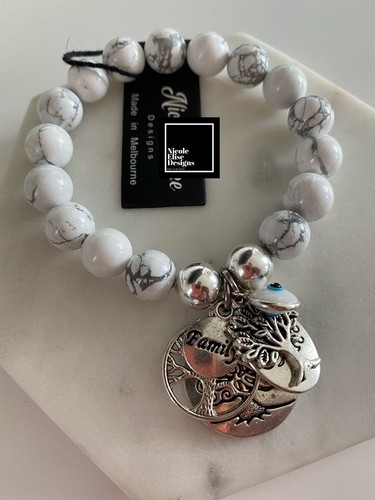 White Howlite Bracelet Tree Of Life Charms & Family Hope Love Charm Evil Eye - Picture 2 of 5