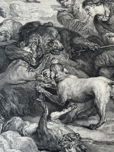 1773 drammatica incisione francese "La caccia all'orso" J.J. Flipart dopo Carle Van Loos - Foto 9 di 24