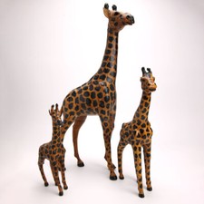 3 Vintage Leather Wrapped Paper Mache Giraffe Figures Glass Eyes