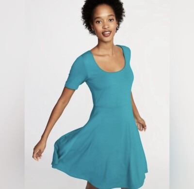 Sahalie Short Sleeve Fit & Flare A-Line Dress Blue Size Large Petite | eBay