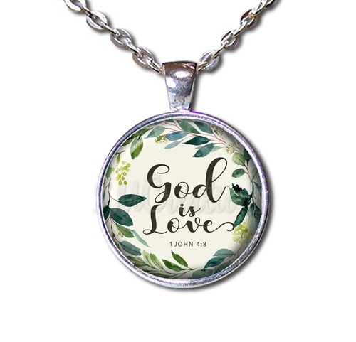 God Is Love Spiritual Bible Verse Handmade ROUND Glass Pendant Necklace - Picture 7 of 10