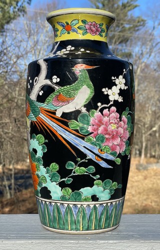 12" Antique Vintage 1930s 1960s Famille Noire Japanese Porcelain Vase Black Bird - Picture 2 of 12