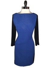 CHAPS Size 14 Sheath Dress Black Blue Textured 3/4 Sleeve Stretch Knit