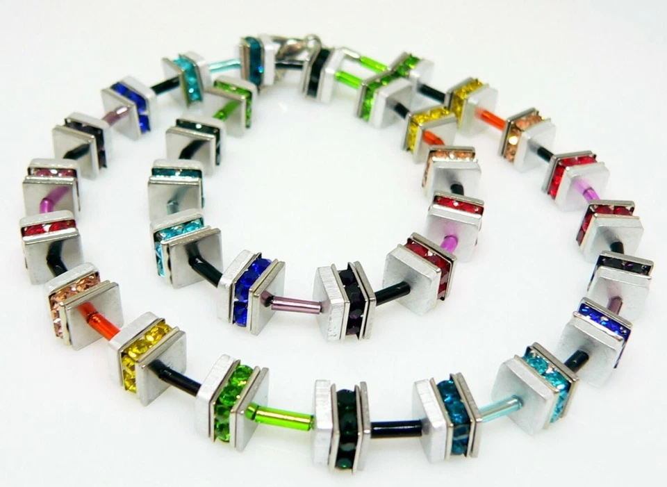 Edel Halskette Würfel Aluminium Strass Quadrate bunt mehrfarbig multicolor 501p - Bild 2 von 4