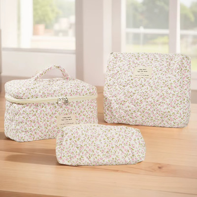 Gesteppte Make-Up-Tasche Für Damen, Kosmetiktasche, Großes Fassungsvermögen, Flo