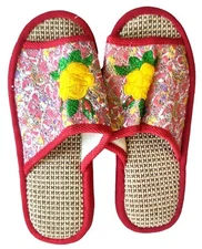 Red Floral Embroidered Shoe Slipper With Rubber Sole