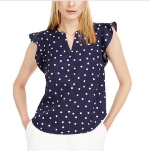 Madison Jules Navy Polka Dot V-neck Cap Sleeve Top Small