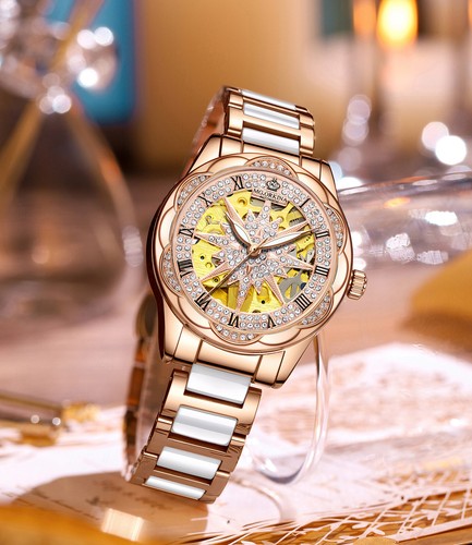 Wristwatch Mechanical Women' s Skeleton Four Leaf Clover Crystal Auto Watches - Picture 2 of 7