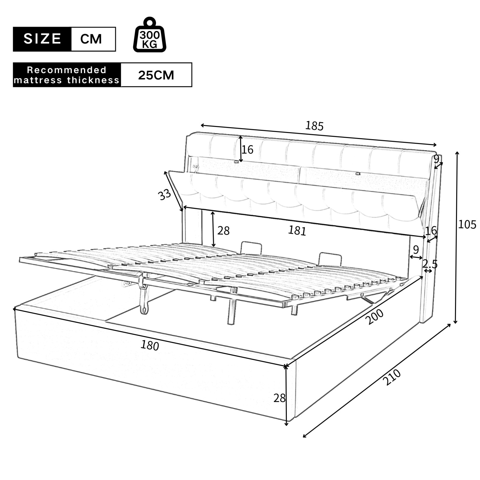 Polsterbett Doppelbett 180x200 cm Bettgestell mit Bettkasten Stauraum Kopfteil 