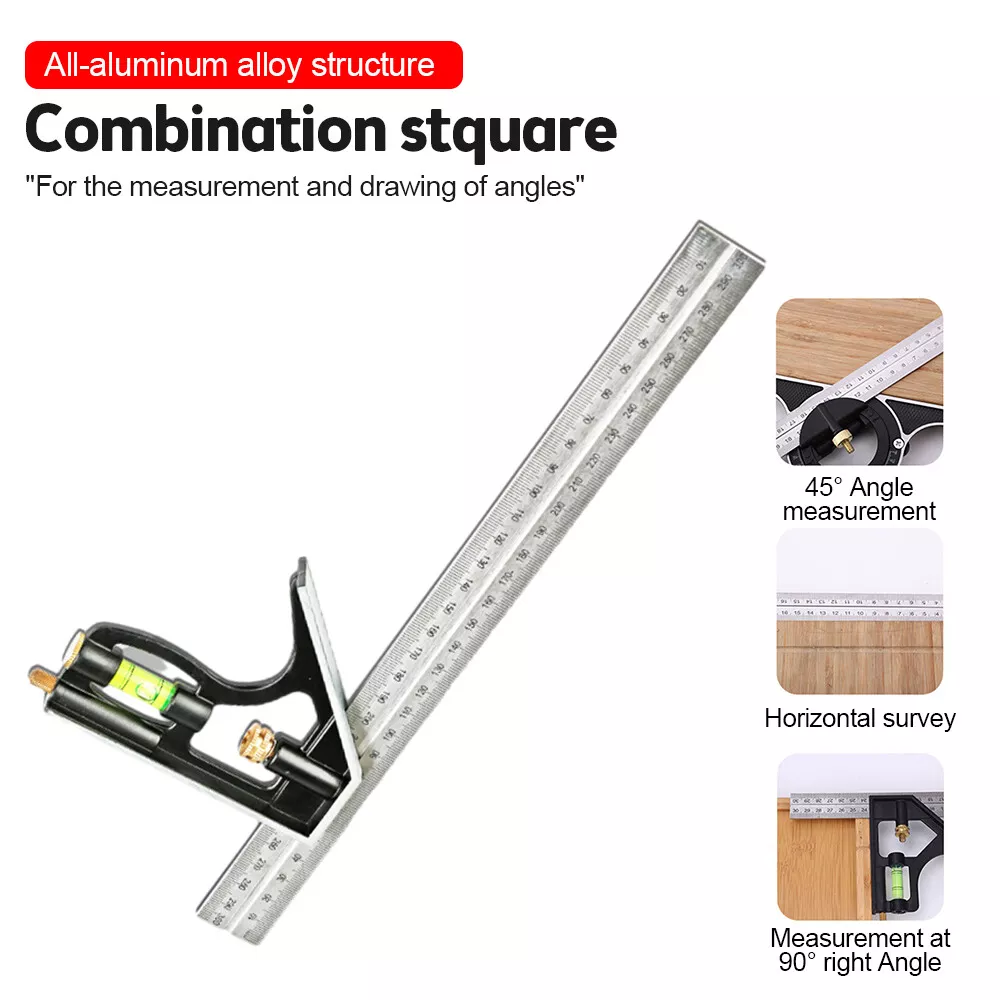 12 Combo-Square with Bubble Level Adjustable Right Angle Ruler