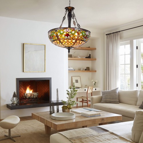 Tiffany Chandelier Stained Glass Pendant Lamp 5-Lights 19 Inch Inverted Fixture - Bild 14 von 14