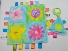 Taggies Baby Lovey Security Blanket Flowers 12"  Take A Long Clip On Lot of 2