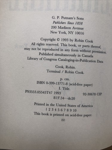 Robin Cook Terminal  HCDJ First 1st Edition - Picture 3 of 6