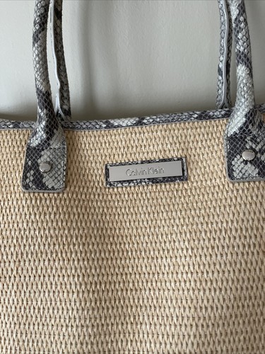 CALVIN KLEIN Basket/Leather PYTHON Embossed Large Hand Bag Purse Tote Bag 18” - Picture 2 of 12