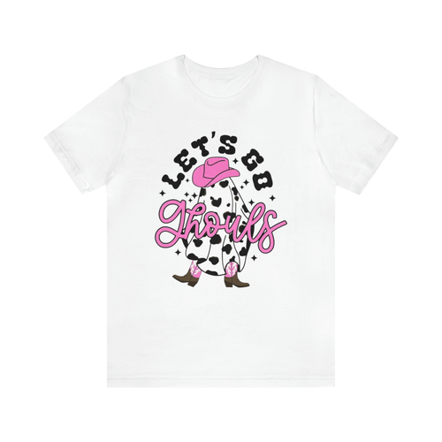 Women's Let's Go Ghouls Ghost Cow Print Western Halloween Shirt White Large - Picture 5 of 9