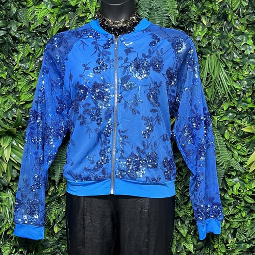 ASHLEY STEWART Jacket Women 22/24 Blue All Over Sequin Sheer Lined Bomber 2586 - Picture 2 of 6